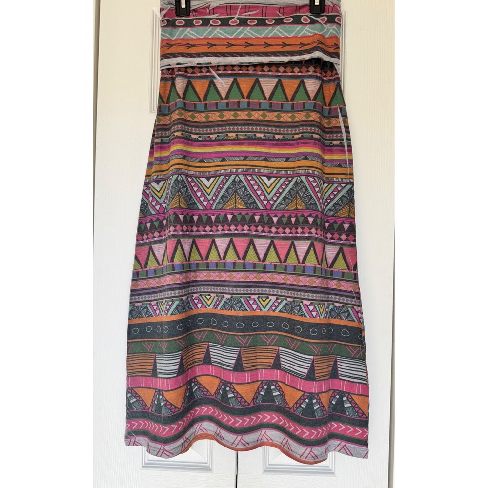 VTG Y2K Tribal Geometric Print Maxi Skirt Fold Over Waist A-Line Size M USA